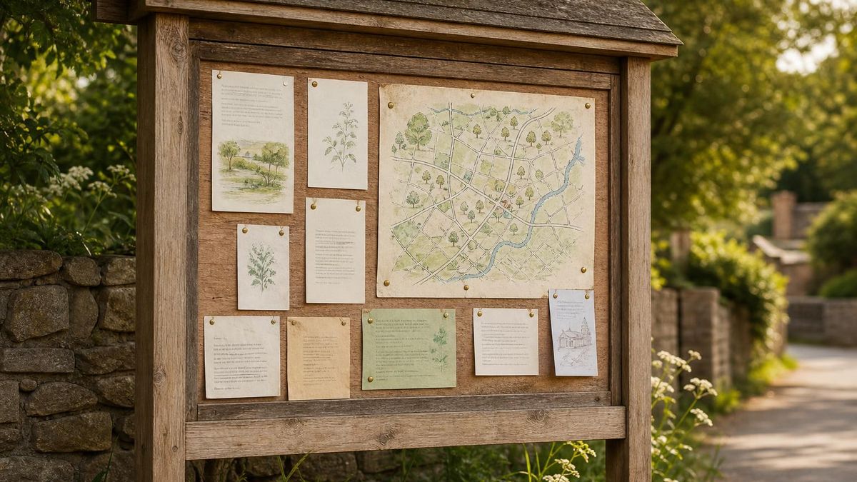 A local community notice board with printed regional information sheets and a hand-drawn area map
